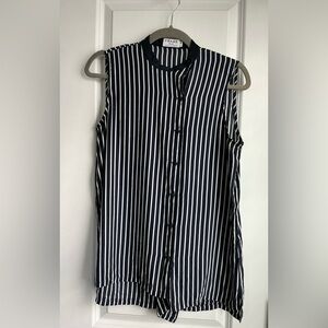 Frame Navy Blue White Stripe 100% Silk Blouse Navy Le Sleeveless Button Top Sz S